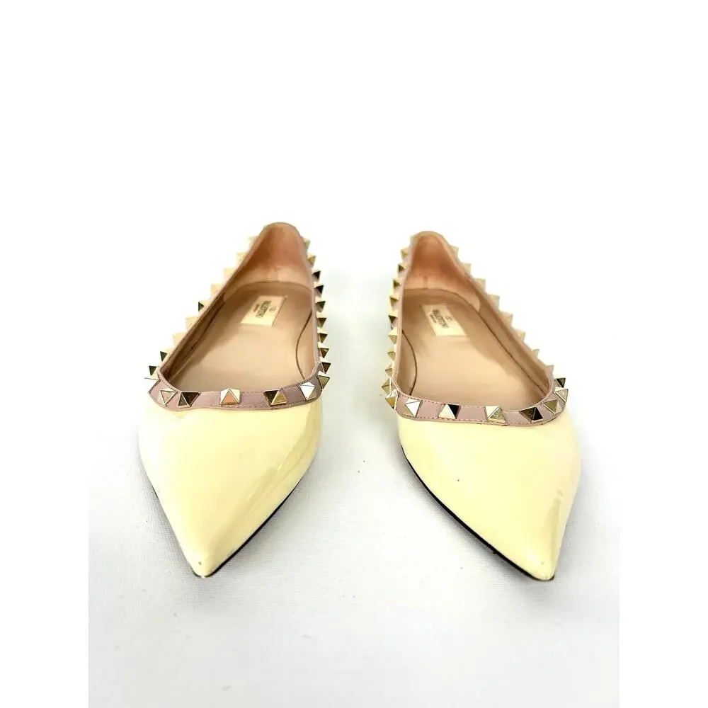 Valentino Garavani Rockstud Ballet Flats Cream Ivory Patent Leather 39 Yellow 9